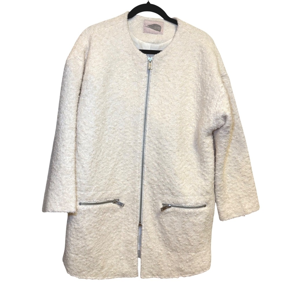 Forever21 Womens Cream Wool Blend Boucle Zip Up Collarless Mid Length Jacket
